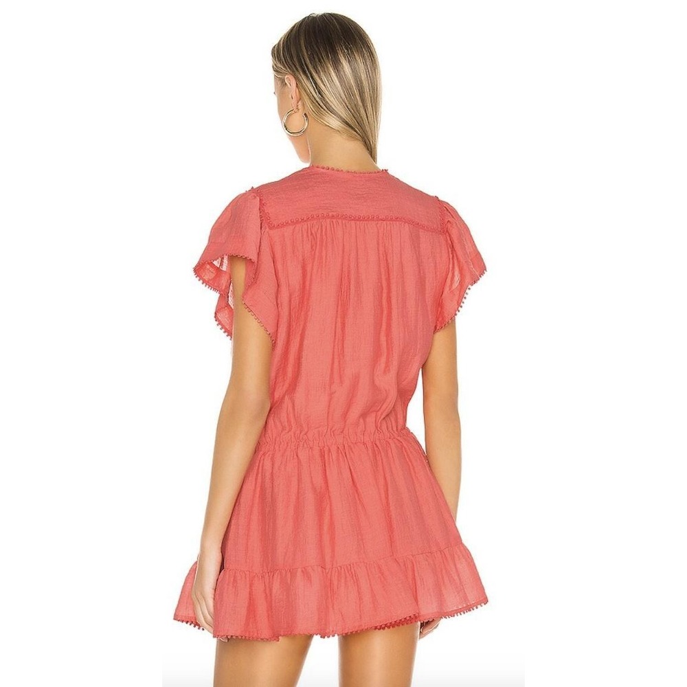 Sabina Musayev Mini Dress Women Medium Pom Pom Trim Ruffle Hem Coral Pink - Picture 2 of 13